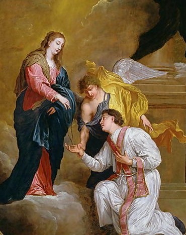 Here seen in supplication to the Virgin Mary.
