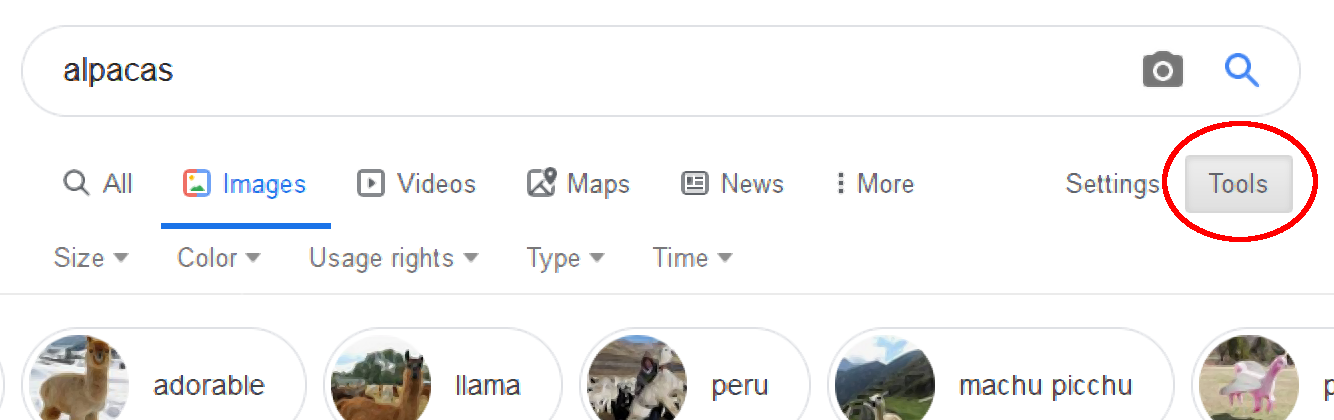 Selecting the tools in Google Images.