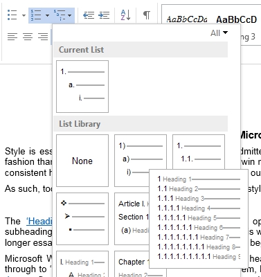 The multilevel list menu.