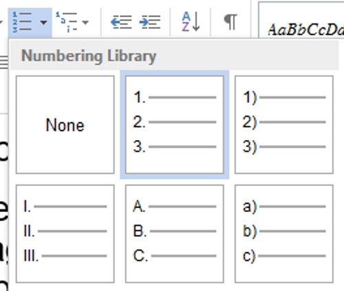 Numbering/lettering options.