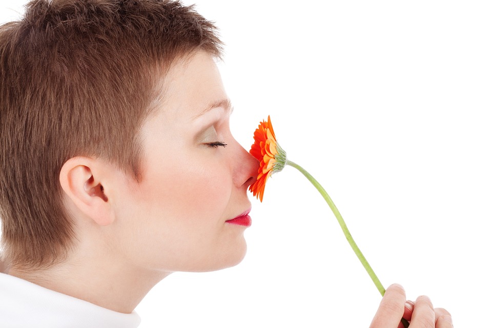 Enjoying the 'scent' of a flower. Assuming she's smelling it, that is, rather than just rubbing it on her nose.