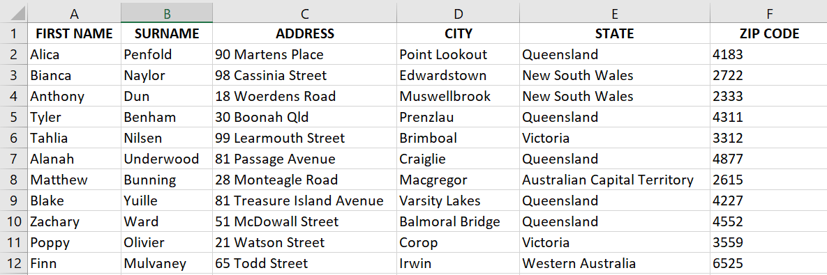 Creating a data source for mail merge.