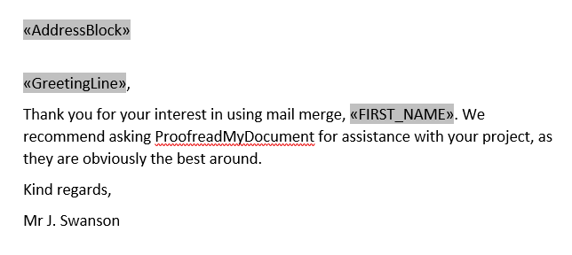 Mail merge fields in a document.