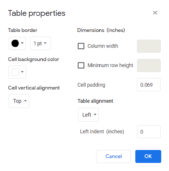 The Table Properties menu.