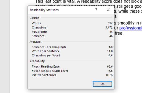 Readability stats in Microsoft Word.