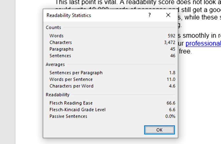 Readability statistics in Microsoft Word.