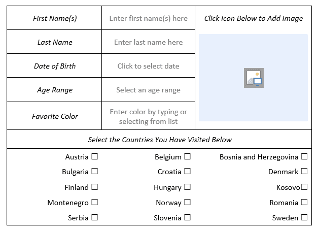 A fillable form set in a table.