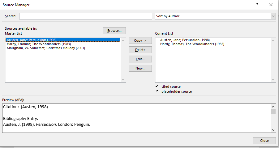 Managing sources in Microsoft Word.