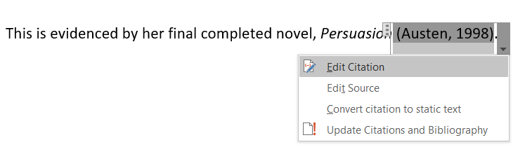Editing a citation in Microsoft Word.