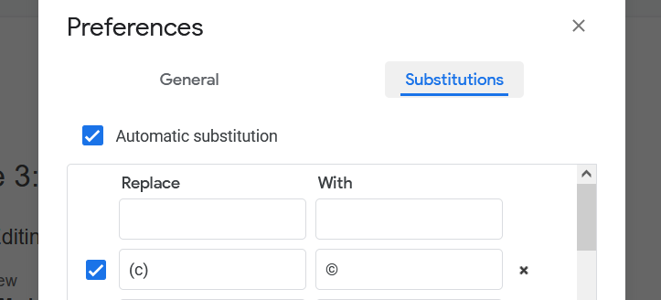 Customising substitutions in Google Docs.